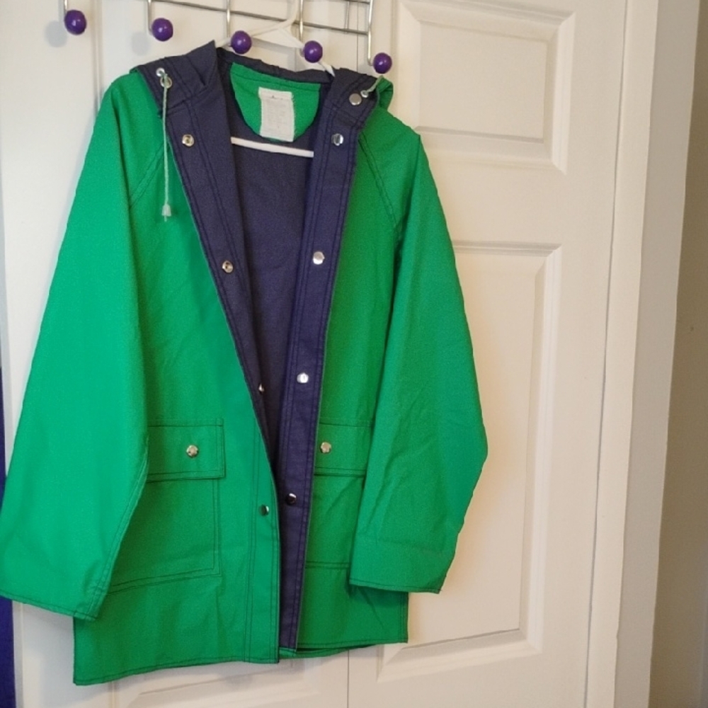 Vibrant Green and Blue Hooded Raincoat with Classic Silhouette